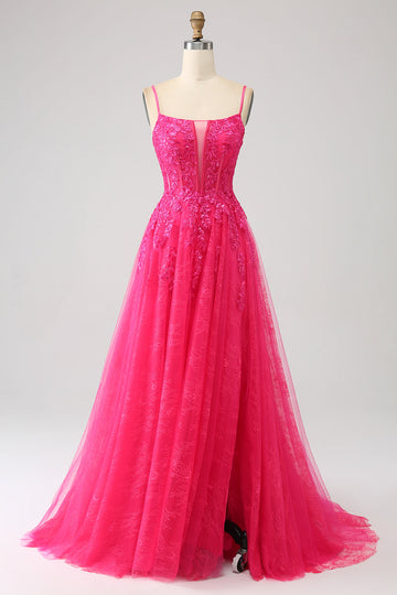 Abito da ballo fucsia con spacco lungo in pizzo bustier A-Line